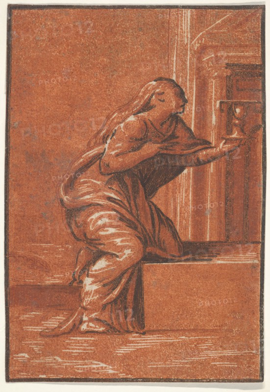 Female personification of Faith who kneels raising a chalice in her left hand, af..., ca. 1520-1560. Creator: Unknown.