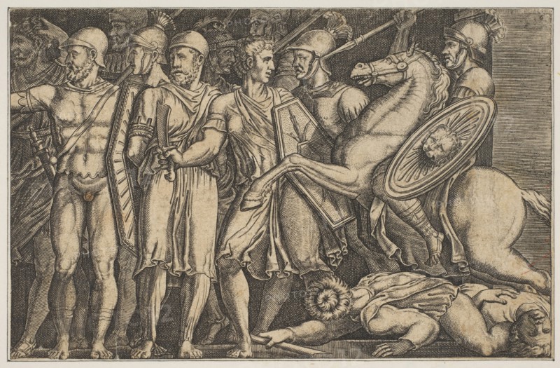 Trajan Fighting the Dacians; Trajan on horseback at right riding towards a group ..., ca. 1515-1600. Creator: Unknown.