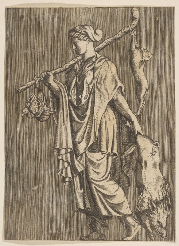 Woman returning from a hunt carrying a boar in her left hand and a stick on her r..., ca. 1515-1600. Creator: Unknown.