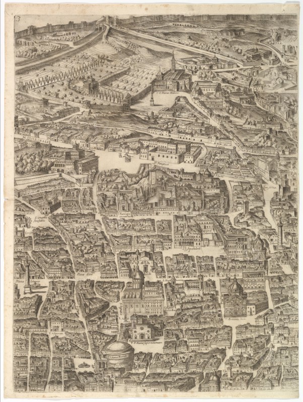 Plan of the City of Rome. Part 3 with the Santa Maria Maggiore, the Pantheon and Trajan's ..., 1645. Creator: Antonio Tempesta.