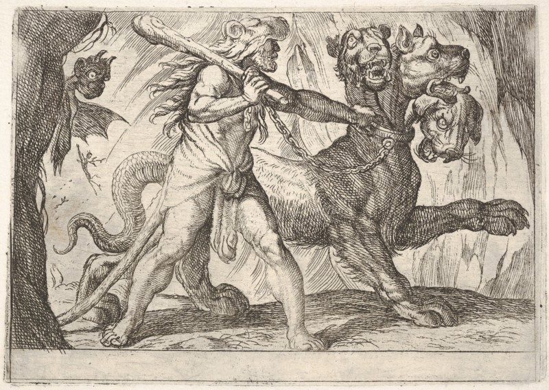 Hercules and Cerberus: Hercules grasps the collar of Cerberus, two demons appear at left..., 1608. Creator: Antonio Tempesta.