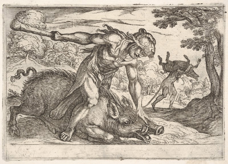 Hercules and the Boar of Erymanthus: Hercules holds down the boar's snout with his left ha..., 1608. Creator: Antonio Tempesta.