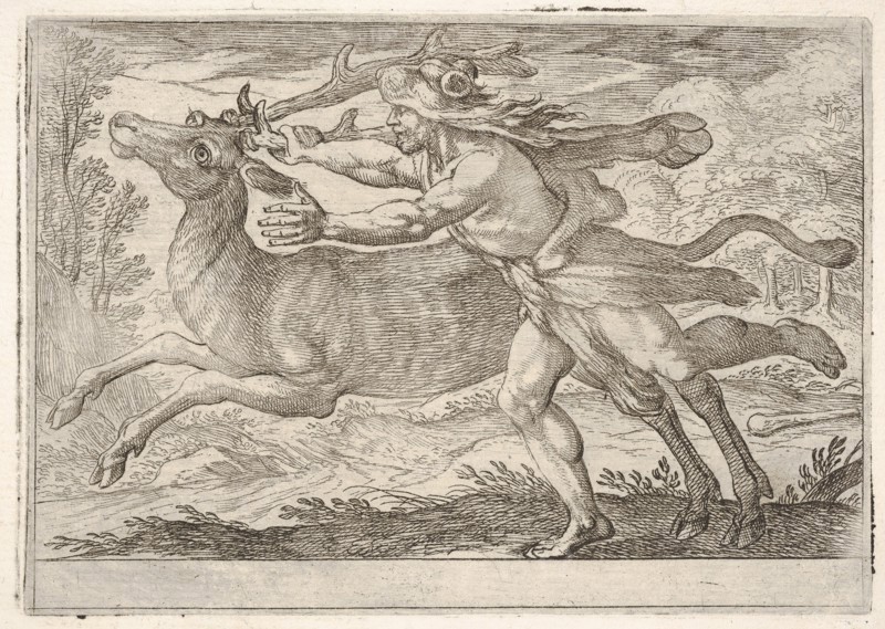 Hercules and the Hind of Mount Cerynea: Hercules strides alongside the hind and grasps the..., 1608. Creator: Antonio Tempesta.