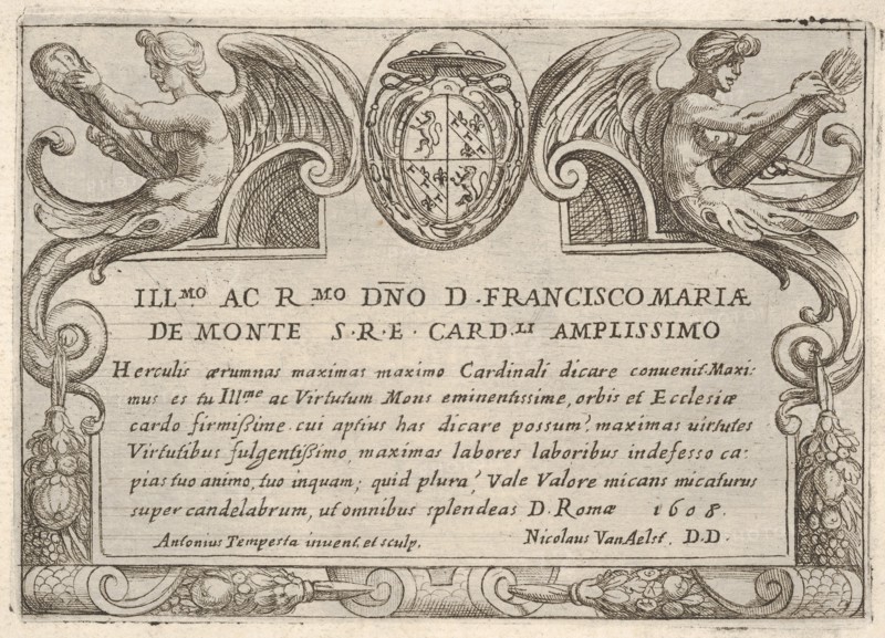 Title plate for the series 'The Labors of Hercules' with the arms of Cardinal Francesco Ma..., 1608. Creator: Antonio Tempesta.