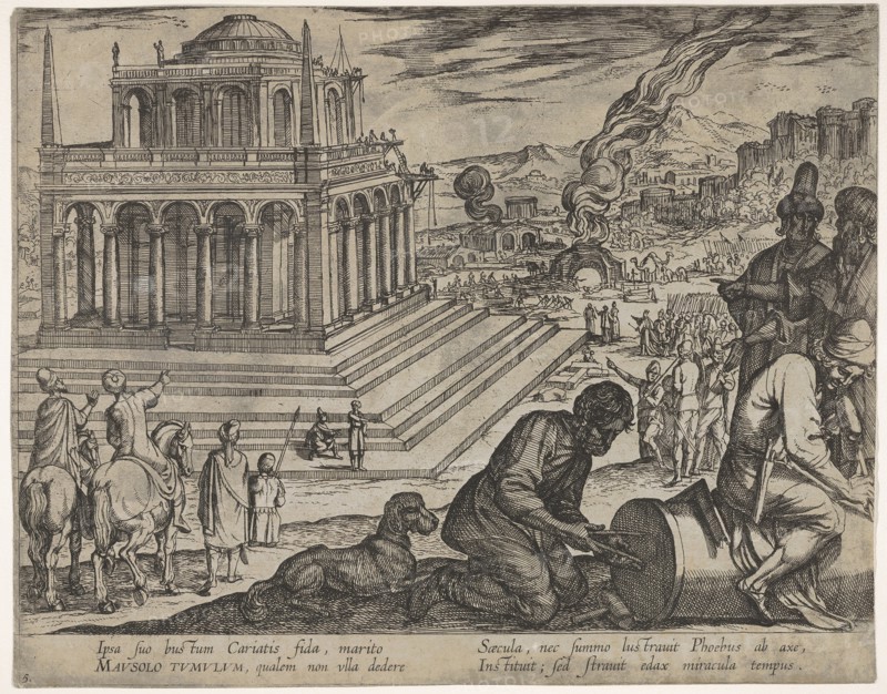 Plate 5: Tomb of Mausolus, stone masons make a column at the right, from The Seven Wonders..., 1608. Creator: Antonio Tempesta.