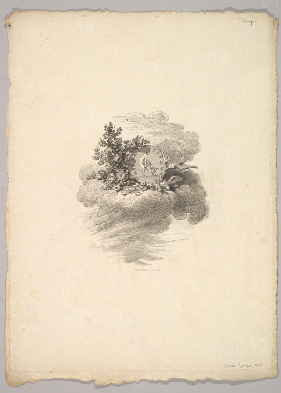 Vignette with Coin on a Cloud with Roses to the left and Doves Below and to the Right..., 1778-80. Creator: Augustin de Saint-Aubin.