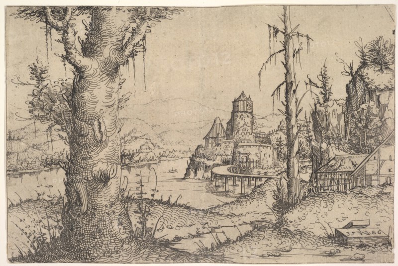 River Landscape with Large Tree at Left, 1546. Creator: Augustin Hirschvogel.