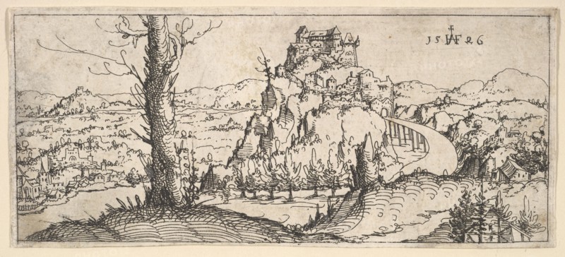 Landscape with High Rocks and Fortresses, 1546. Creator: Augustin Hirschvogel.