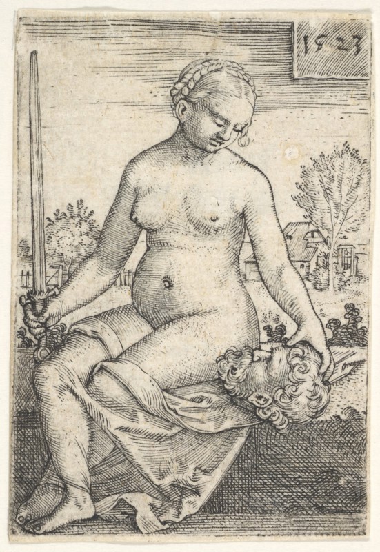 Judith, seated nude with a sword in her right hand, gazing down at the head of Holofernes ..., 1523. Creator: Barthel Beham.