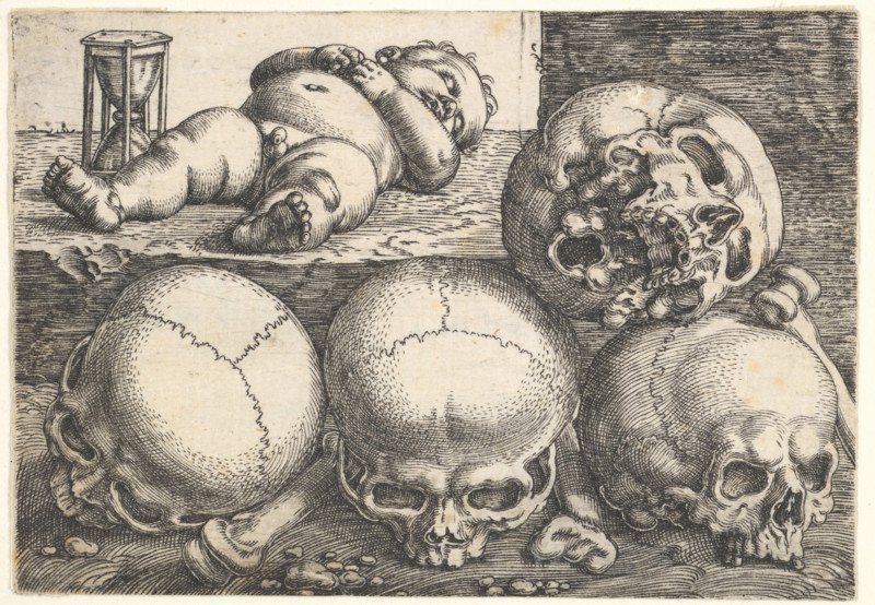 Dead Child with Four Skulls, mid-16th century. Creator: Barthel Beham.