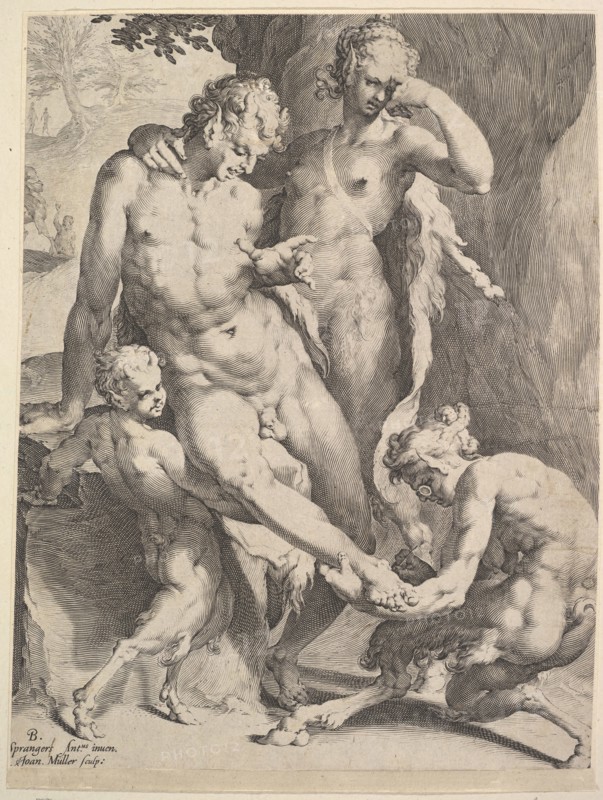 Oreads Removing a Thorn from a Satyr's Foot, 1590. Creators: Bartholomeus Spranger, Jan Muller.