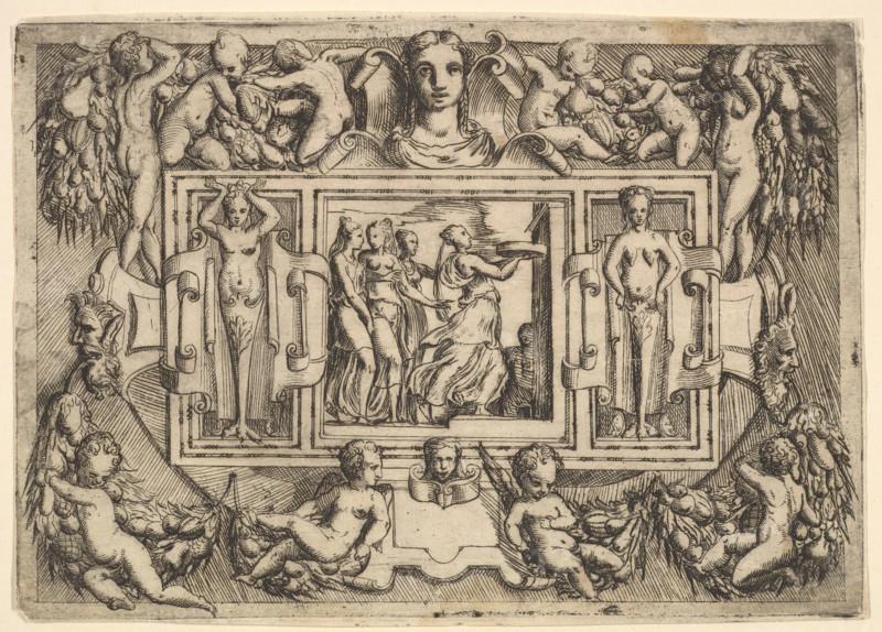 The Cumeaean sibyl walking to the right and carrying a tray, followed by three wome..., ca. 1540-80. Creator: Battista del Moro.