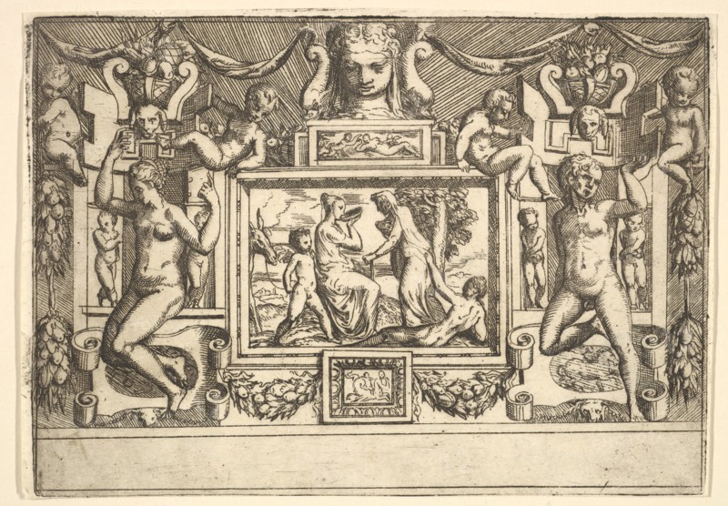 Young woman drinking from a bowl, an old woman standing in front of her, set within..., ca. 1540-80. Creator: Battista del Moro.