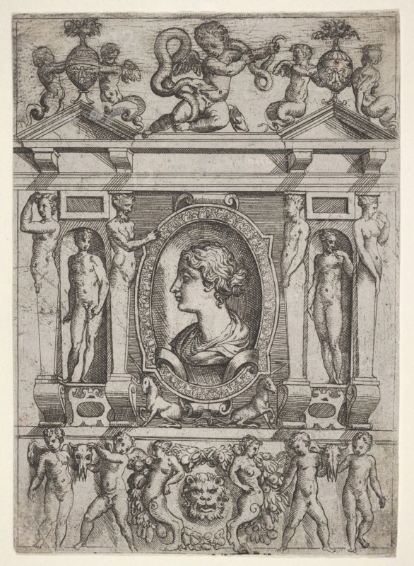 Bust of a woman in profile facing left, set in an elaborate frame with figures in n..., ca. 1540-80. Creator: Battista del Moro.