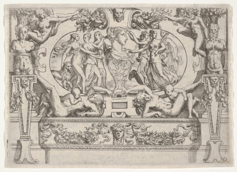 Bust of a woman flanked by three women on each side, set within an elaborate frame, ca. 1540-80. Creator: Battista del Moro.