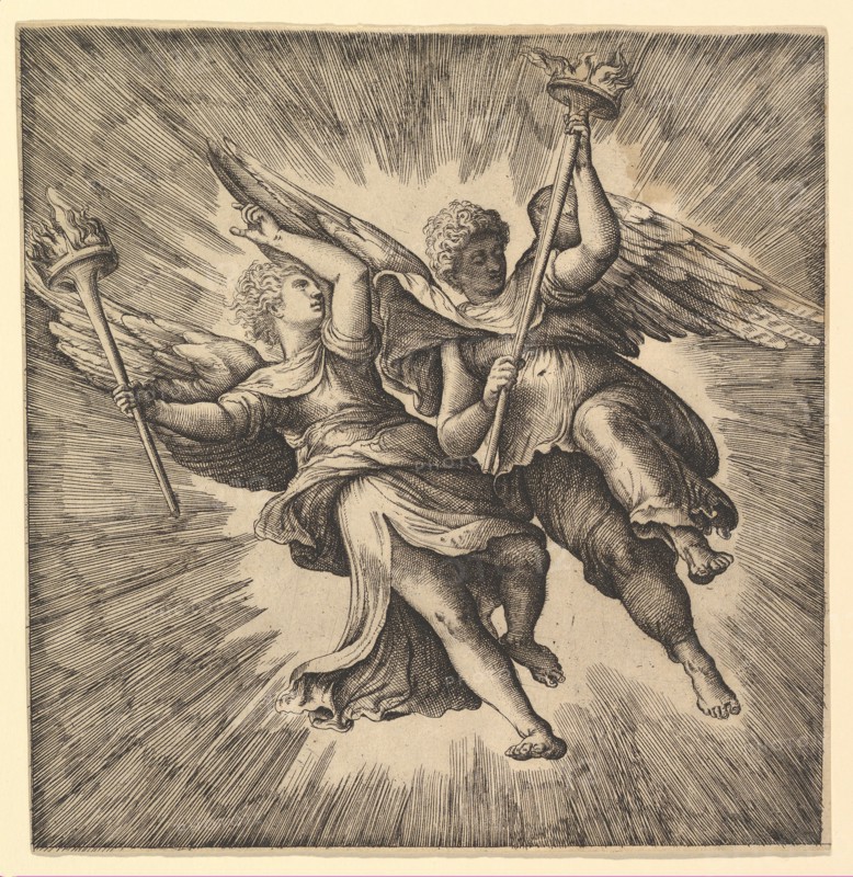 Two Angels or Winged Genii Carrying Torches. Creator: Battista Franco Veneziano.