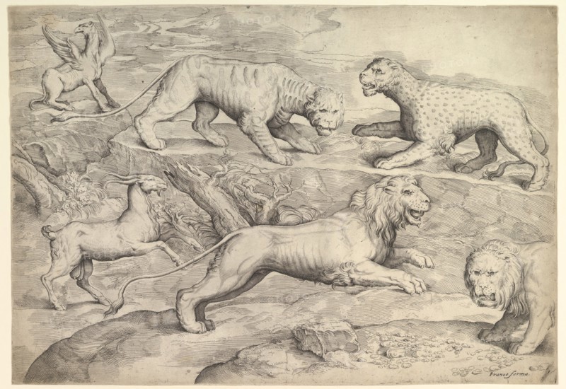 Six Animals, including lions, a tiger, a leopard, a griffin, and a goat, ca. 1530-61. Creator: Battista Franco Veneziano.