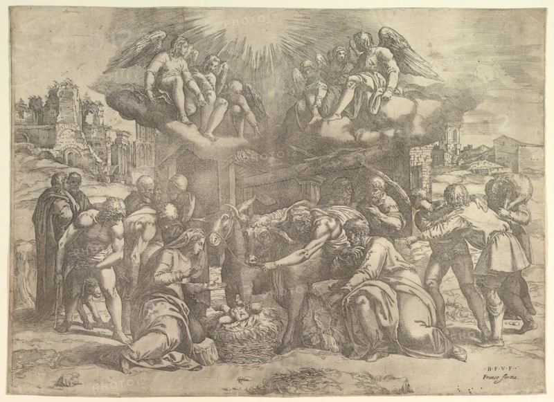 The Adoration of the Shepherds with angels overhead, ca. 1530-61. Creator: Battista Franco Veneziano.