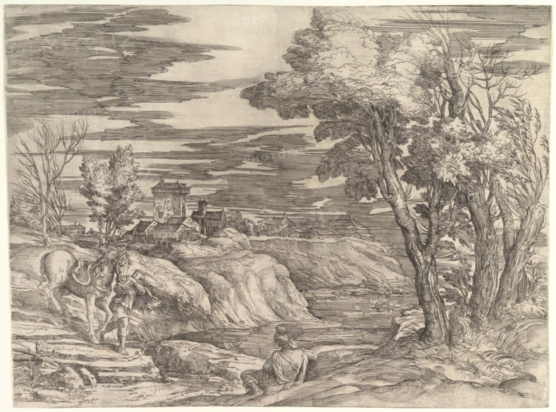 Landscape with a Horseman and His Groom, ca. 1552-61. Creator: Battista Franco Veneziano.