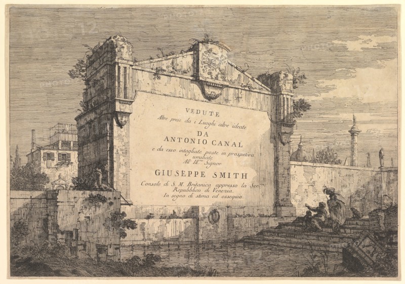 Title plate of 'Vedute altre prese da i luoghi altre ideate', with title and publicatio..., 1735-46. Creator: Canaletto.