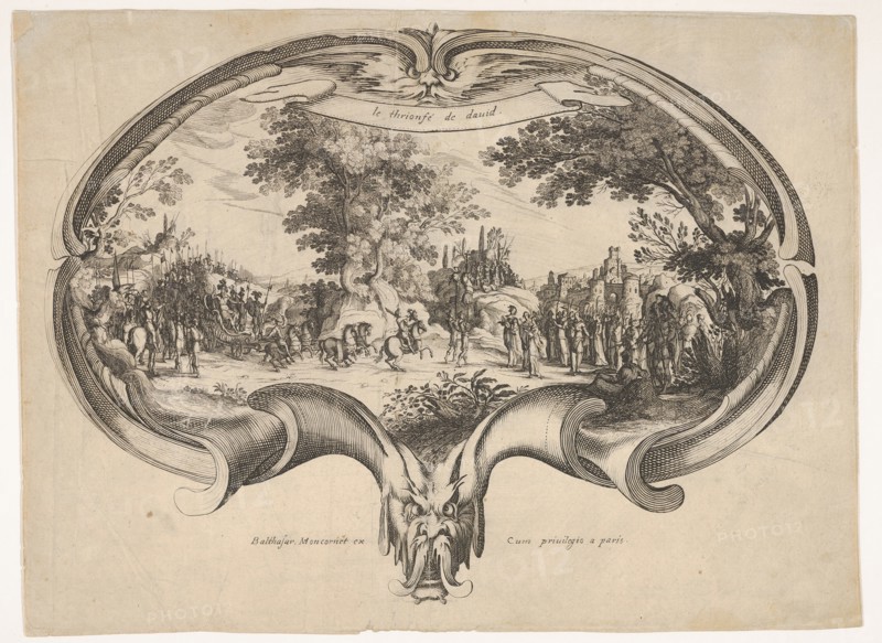 The Triumph of David, from a fan by Jacques Callot. Creators: Charles-Nicolas Cochin, Balthazar Moncornet.