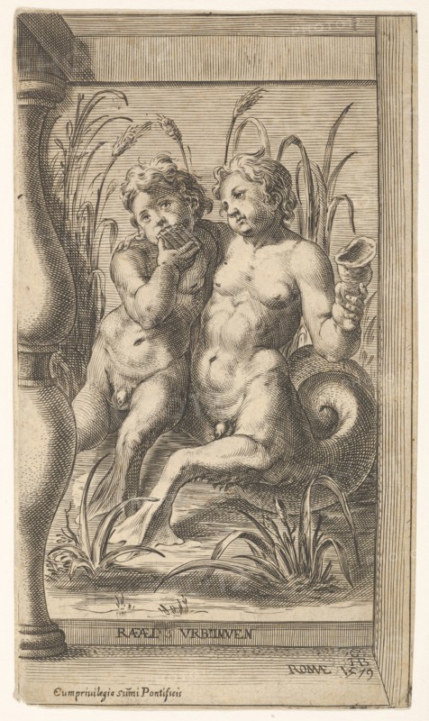 Two tritons embracing, one playing a panpipe, the second holding a conch shell set within ..., 1579. Creator: Cherubino Alberti.