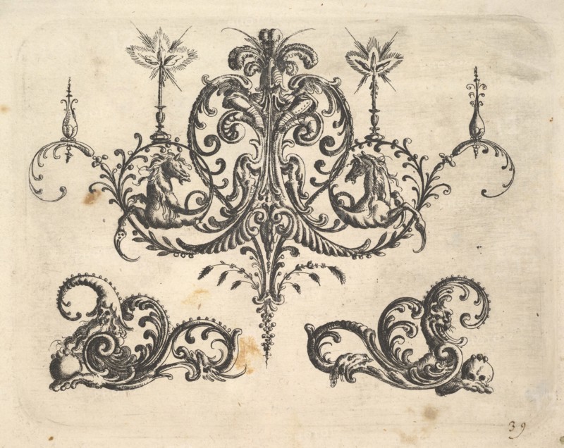 A fantastic chandelier with burning candles and arabesques, some ending in fantastic horse..., 1610. Creator: Christoph Jamnitzer.