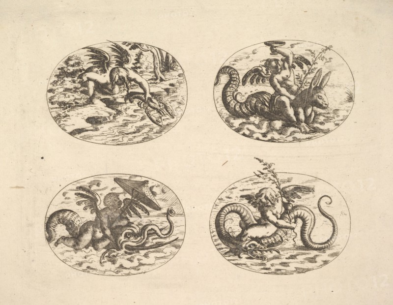 Putti with Sea Monsters, plates from the Neue Grotessken Buch, 1610. Creator: Christoph Jamnitzer.