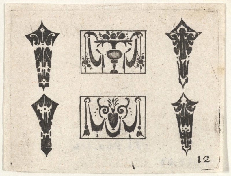 Blackwork Print with Two Horizontal Panels and Four Bezels, ca. 1620. Creator: Claes Jansz Visscher.