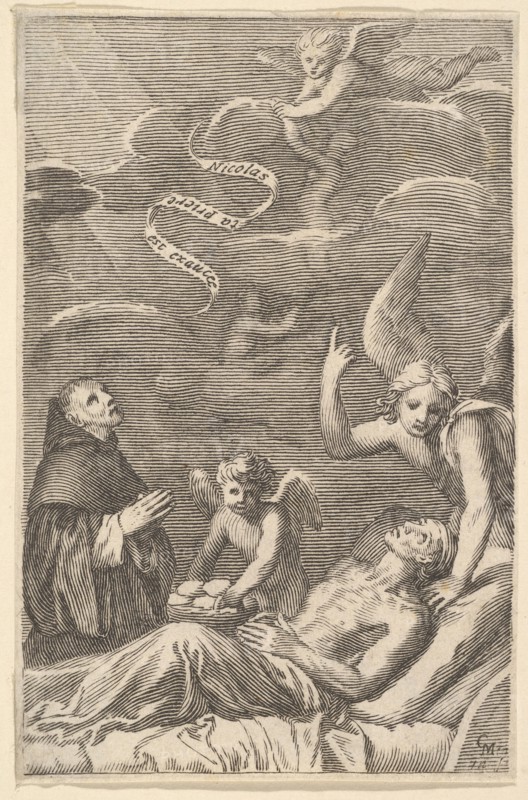 St. Nicolas Praying for a Dying Man. Creator: Claude Mellan.