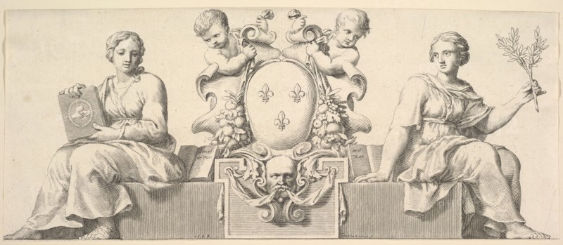 The Arms of France Accompanied by Personifications of Law and Good Faith, 1664. Creator: Claude Mellan.