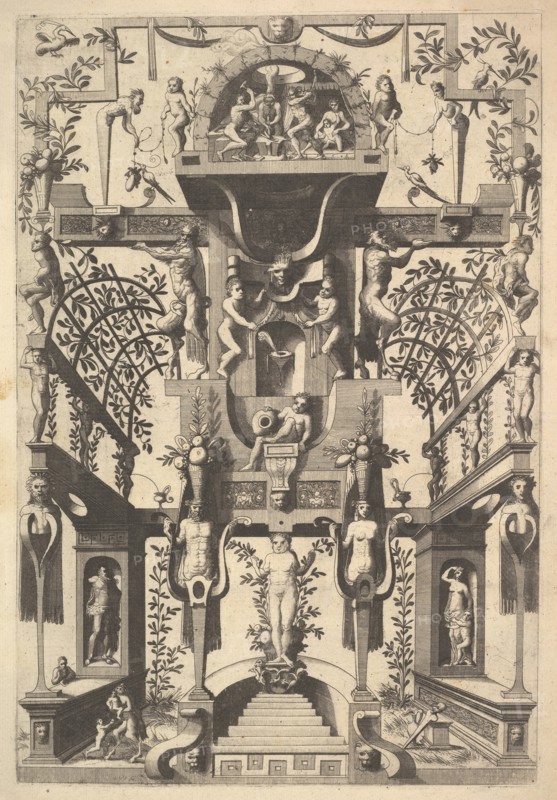 Fantastic Architecture Structure with Strapwork and Two Pergolas and a Small Scene with Vu..., 1557. Creator: Cornelis Floris II.