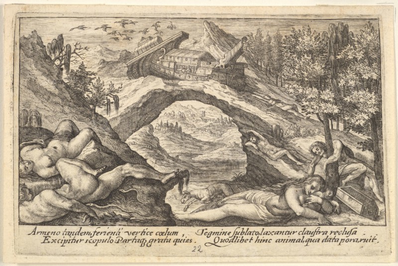 Aftermath of the Flood: human bodies strewn on dry land in the foreground, Noah's ark moor..., 1612. Creator: Crispijn de Passe I.