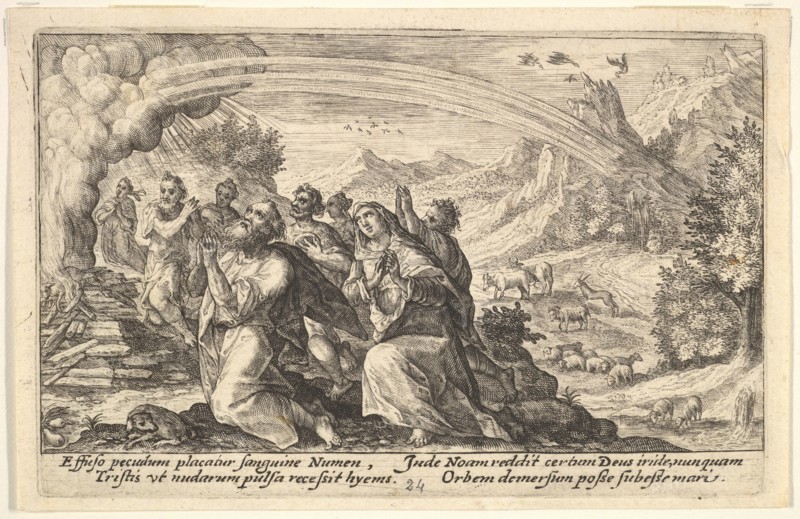 God enters into a covenant with Noah: next to a smoking pyre Noah kneels in a gesture of p..., 1612. Creator: Crispijn de Passe I.