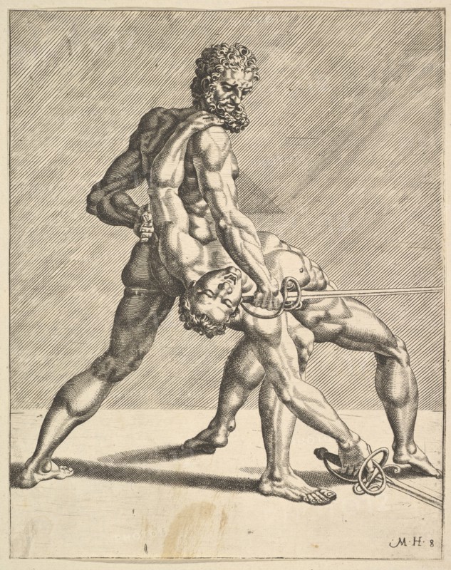 Two Fencers, from Fencers, plate 8, 1552. Creators: Dirck Volkertsen Coornhert, Cornelis Bos.