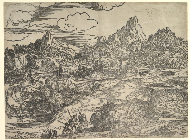 Landscape with family walking together in the foreground, at left two figures with ..., ca. 1535-40. Creator: Domenico Campagnola.