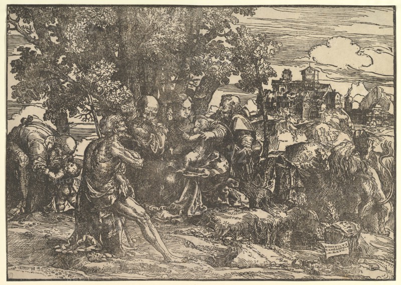 Mary seated beneath trees with baby, flanked by Joseph at left and St. Jerome at right; St..., 1517. Creator: Domenico Campagnola.