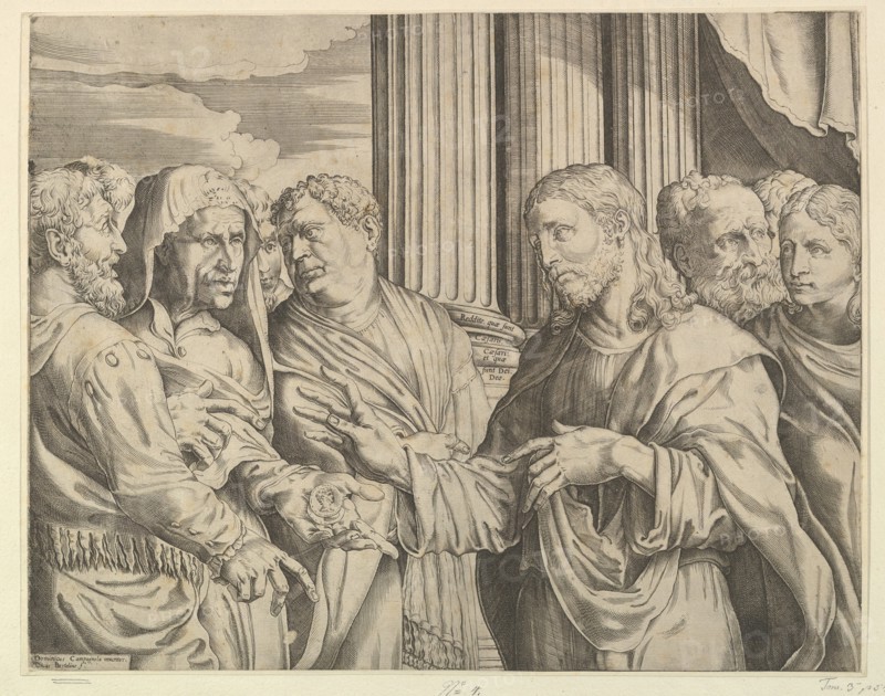 The Triubute Money: Christ at center right gesturing to man at his left with coins ..., ca. 1564-89. Creator: Domenico Campagnola.
