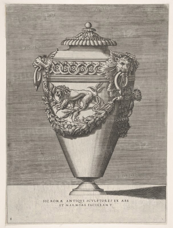 Antique Lidded Urn Decorated with a Motif of Diamond Rings and Lions, from Vases ..., 1543 or after. Creator: Enea Vico.