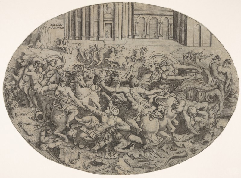 Combat between Amazons and men in front of architectural arcades, an oval composition with..., 1543. Creator: Enea Vico.