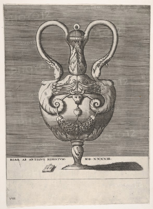 Antique Lidded Vase with Two Handles emerging from the Heads of Hybrid Female Sph..., 1543 or after. Creator: Enea Vico.