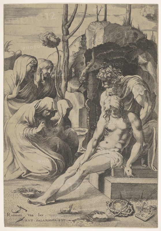 Entombment of Christ, whose chest is grasped by Joseph of Arimathea, with two kneeling and..., 1543. Creator: Enea Vico.