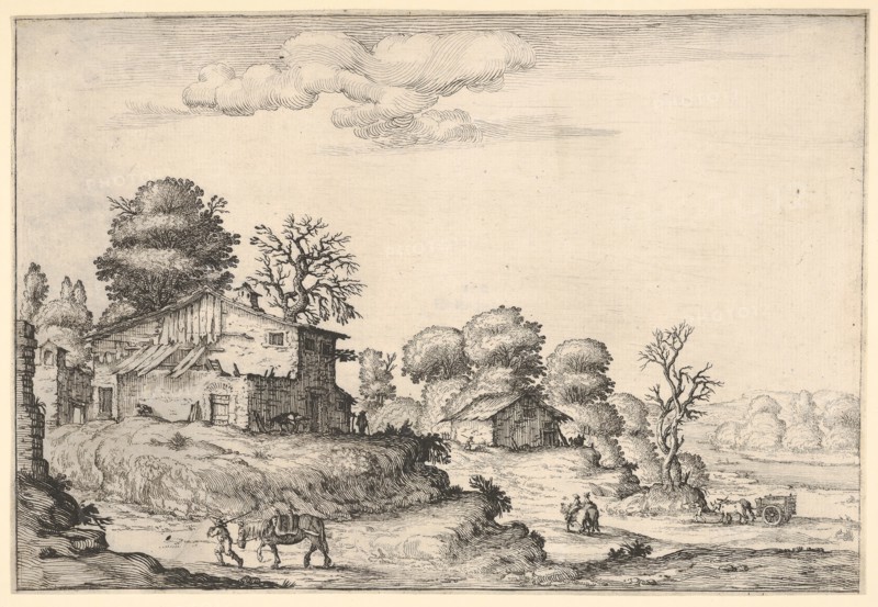 Landscape with peasant dwellings and a man leading a horse in the left foreground, from a ..., 1638. Creator: Ercole Bazicaluva.