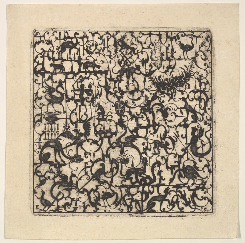 Square Blackwork Design in Silhouette Style with Schweifwerk and Grotesque Figures, 1617. Creator: Esaias von Hulsen.