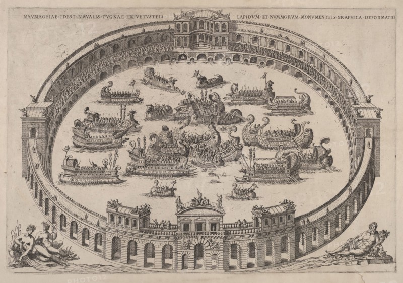 Naval engagement set inside a Roman arena, with the river Tiber and nymphs at lower lef..., 1577-85. Creator: Etienne Duperac.