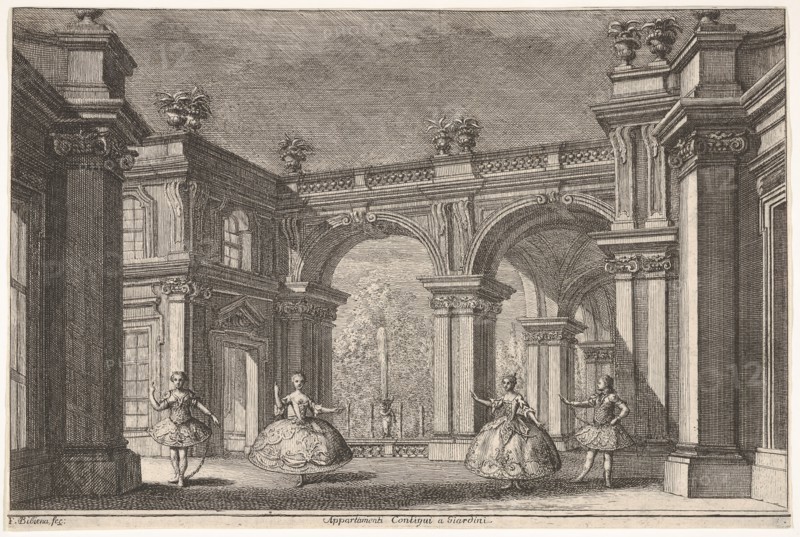 Two ladies and two gentlemen dancing within an ornate architectural setting, a fountain at..., 1765. Creator: Francesco Galli Bibiena.