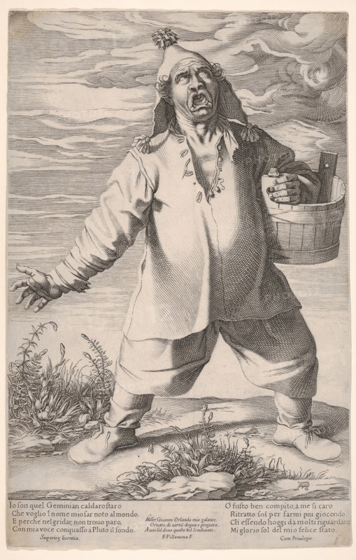 Geminiano Caldarostaro crying out and holding a tub, with a tasseled hat , ca. 1597-1601. Creator: Francesco Villamena.