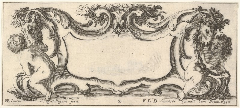 Plate 2: a cartouche with a child seen from the back to left and a child seen from ..., ca. 1640-45. Creator: Francois Collignon.