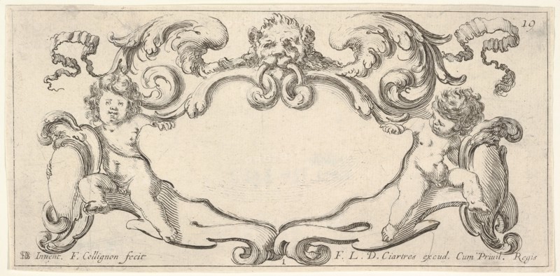 Plate 1: a cartouche with a lion head with wings at top center, a putto holding a b..., ca. 1640-45. Creator: Francois Collignon.