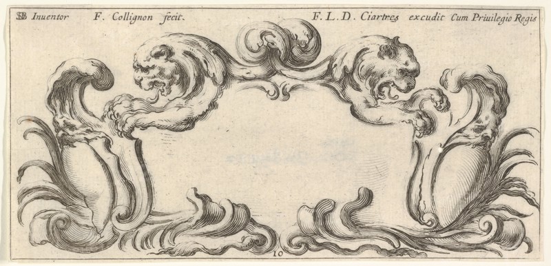 Plate 10: a cartouche with the heads of two lions in profile to left and right in t..., ca. 1640-45. Creator: Francois Collignon.